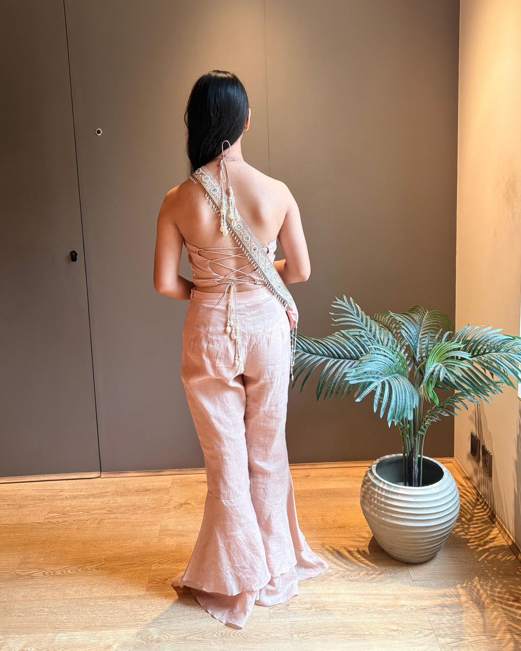 Pink Halter Embroidered Blouse with Flared Pants & Crossbody Bag
