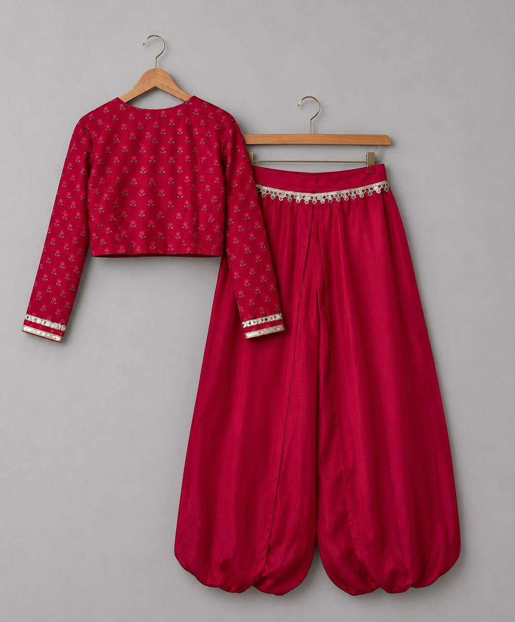 Red Printed Wrap Top with Dhoti Set