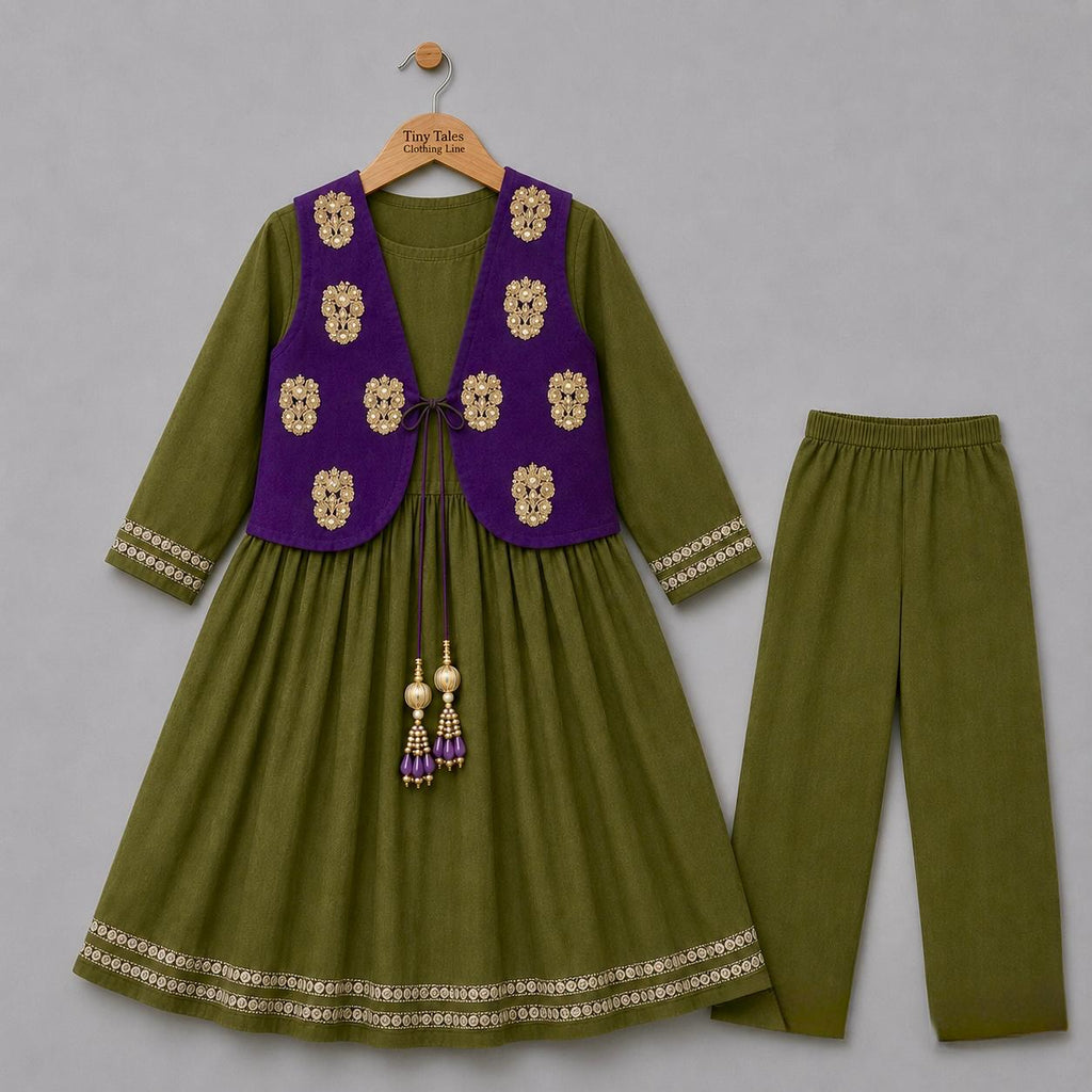 Olive Mulmul Set with Purple Jacket