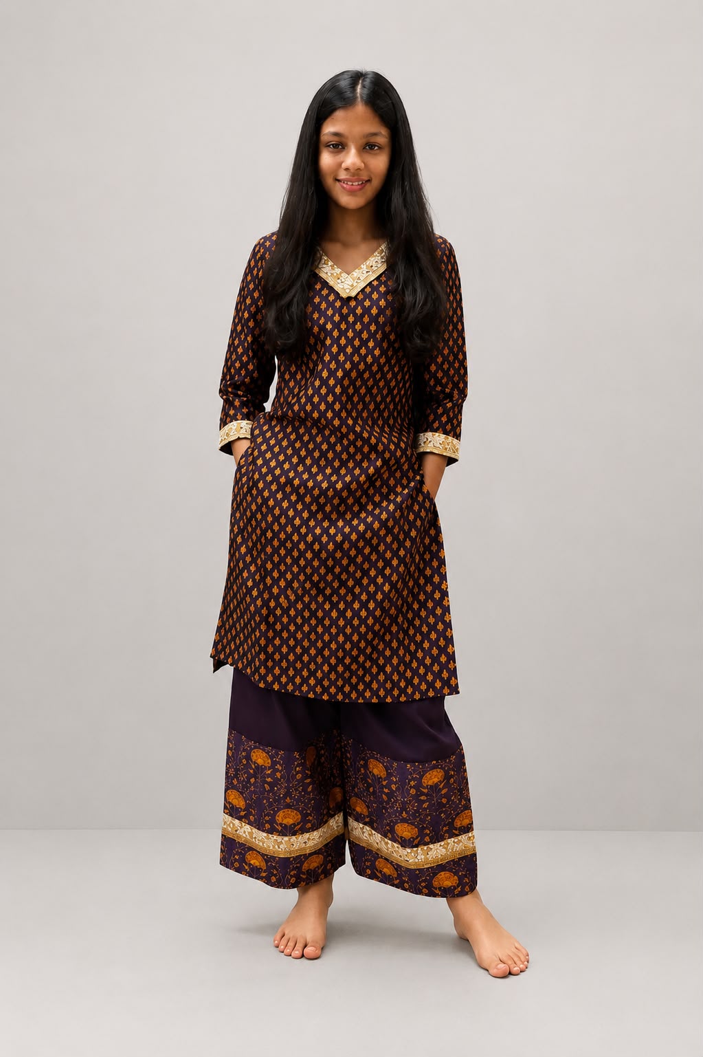 Purple Chanderi Kurta Set with Lace Detailing
