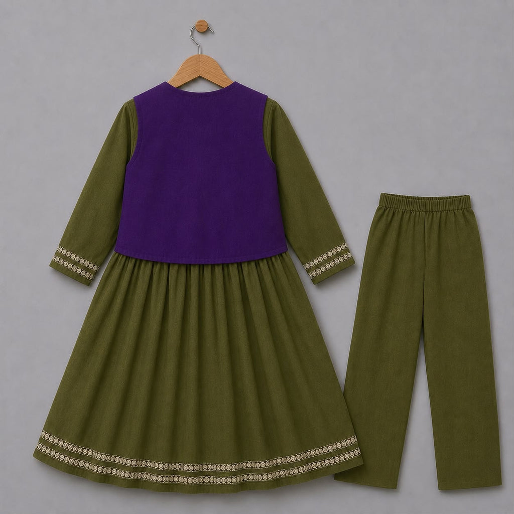 Olive Mulmul Set with Purple Jacket