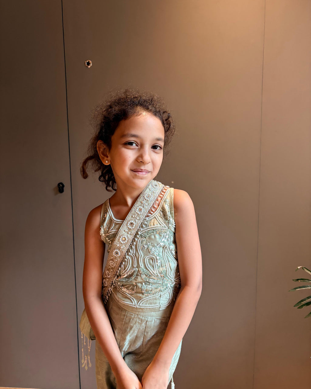 Sage Green Halter Embroidered Blouse with Flared Pants & Crossbody Bag