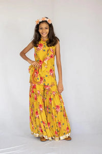 Mustard Printed Sharara Set with Potli Bag - 2 Yrs