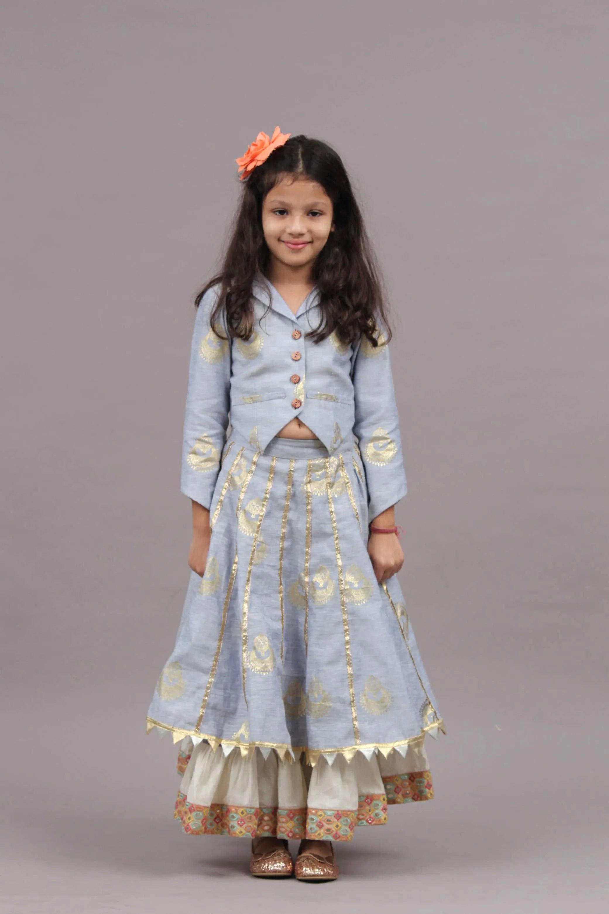 Blue Chanderi Jacket with Double Layered Kali Skirt