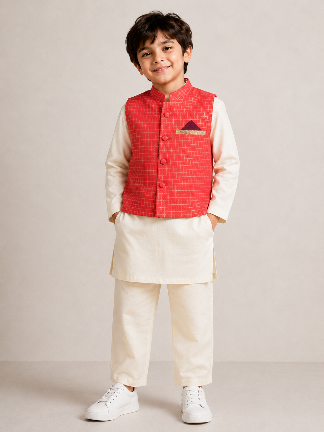 Pink Checkered Jacket With Chanderi Kurta Set