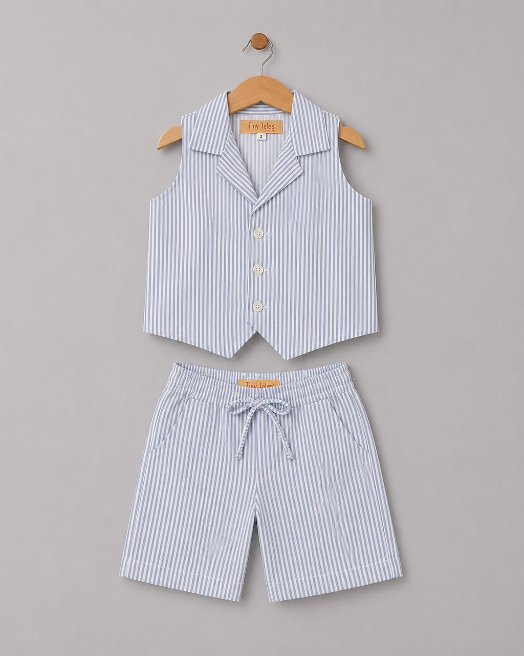 Blue Stripe Waistcoat Shorts Set with White Shirt