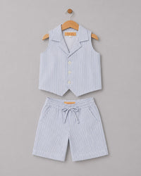 Blue Stripe Waistcoat Shorts Set with White Shirt