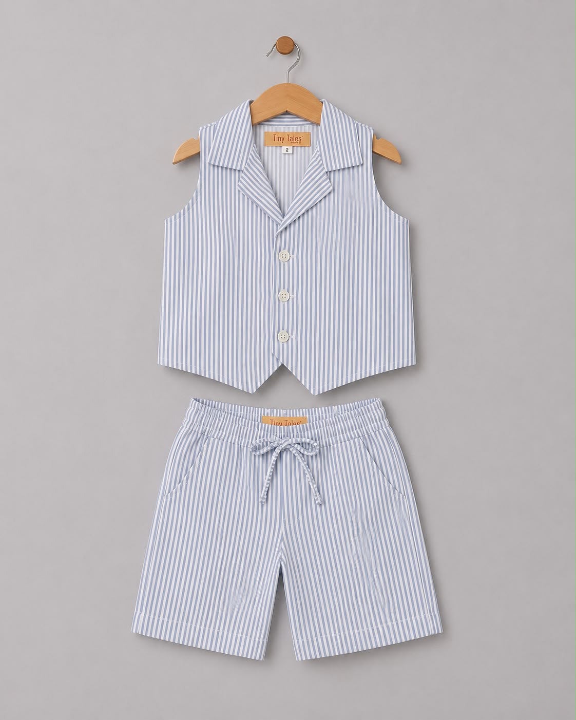 Blue Stripe Waistcoat Shorts Set with White Shirt