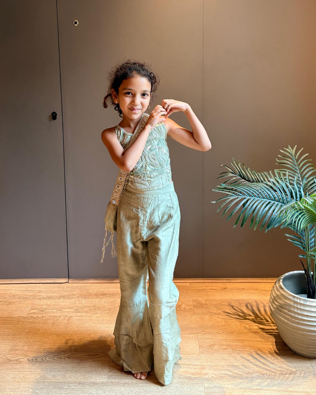 Sage Green Halter Embroidered Blouse with Flared Pants & Crossbody Bag