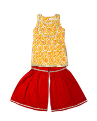 Yellow Printed Kurti with Red Garara