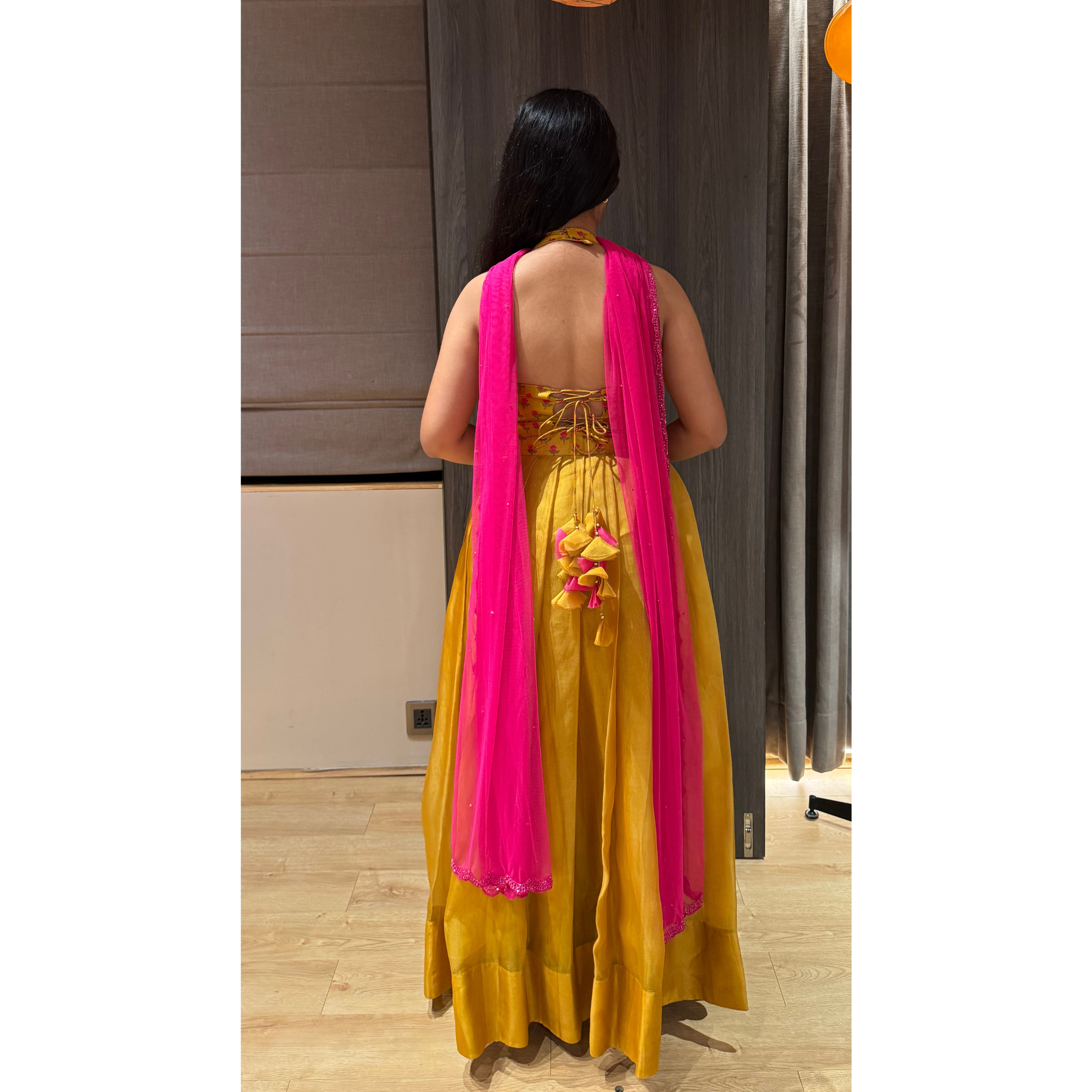 Mustard Embroidered Halter Neck Lehenga Set