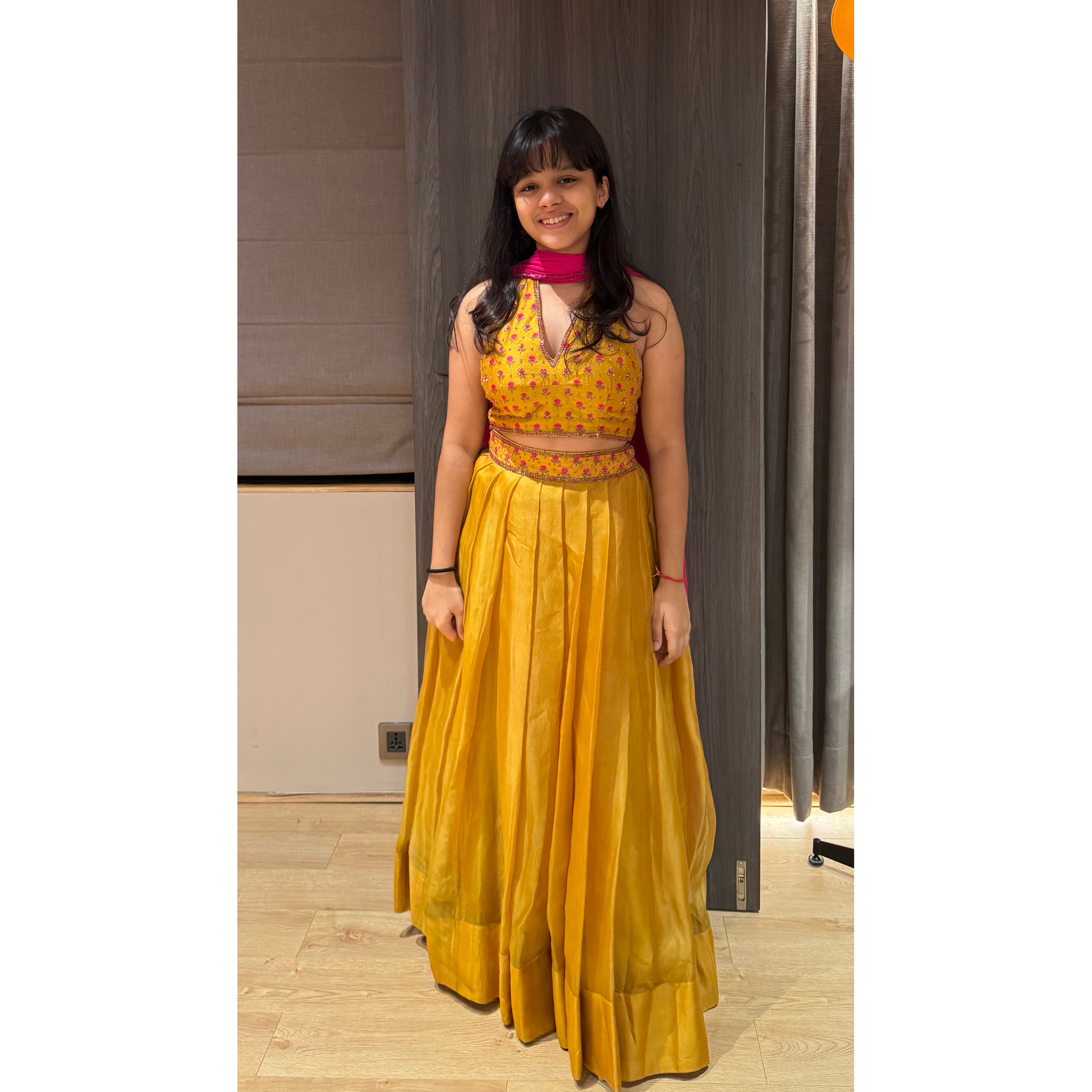 Mustard Embroidered Halter Neck Lehenga Set