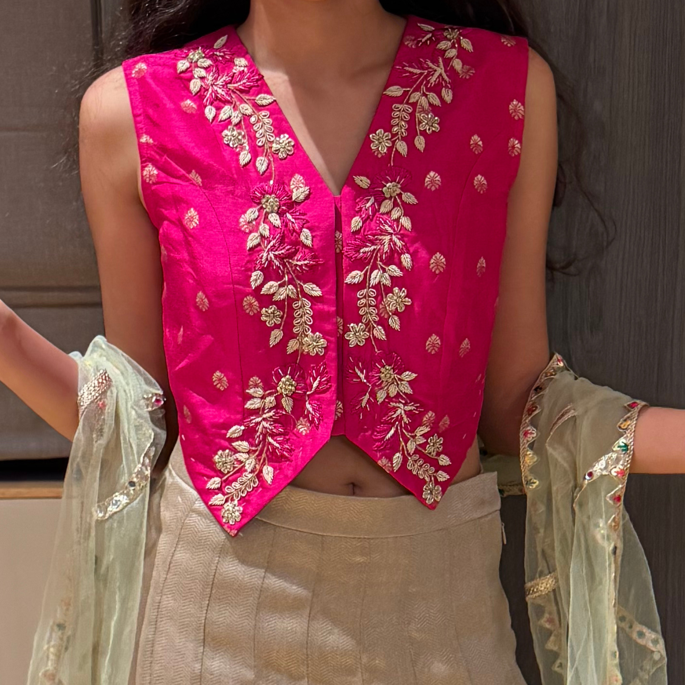 Embroidered Pink Waistcoat with Tissue Skirt