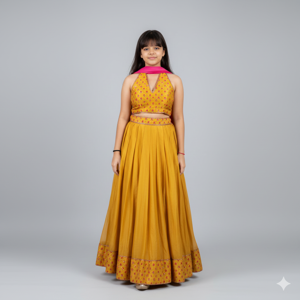 Mustard Embroidered Halter Neck Lehenga Set