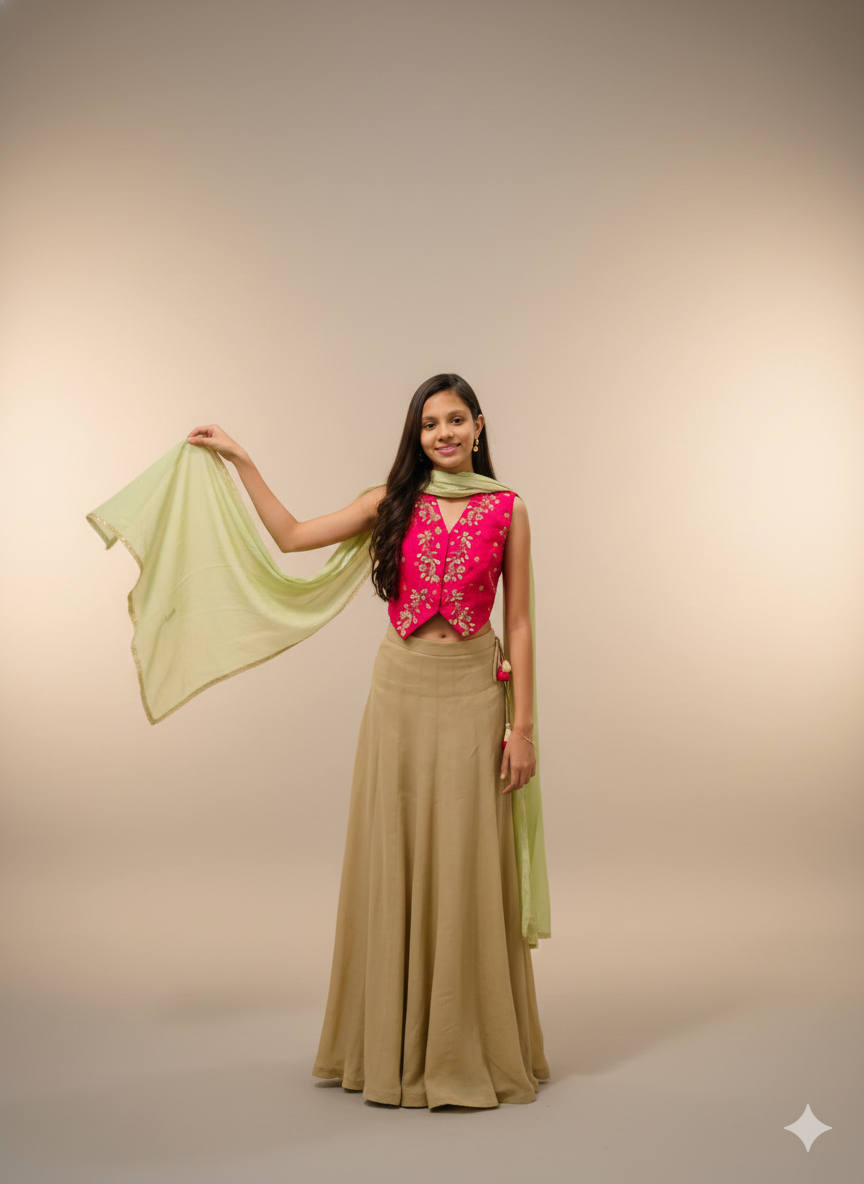 Embroidered Pink Waistcoat with Tissue Skirt